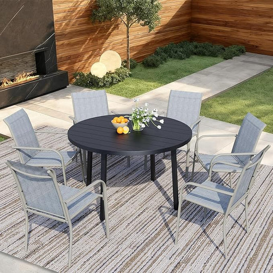 7 Pieces Round Dining Table Set for 6, Patio Dining Set Includes 6 Beige Blue Stackable Patio Chairs and 1 Black Round Table Set of 6, Patio Furniture Sets with Sling Support for Outside, Garden