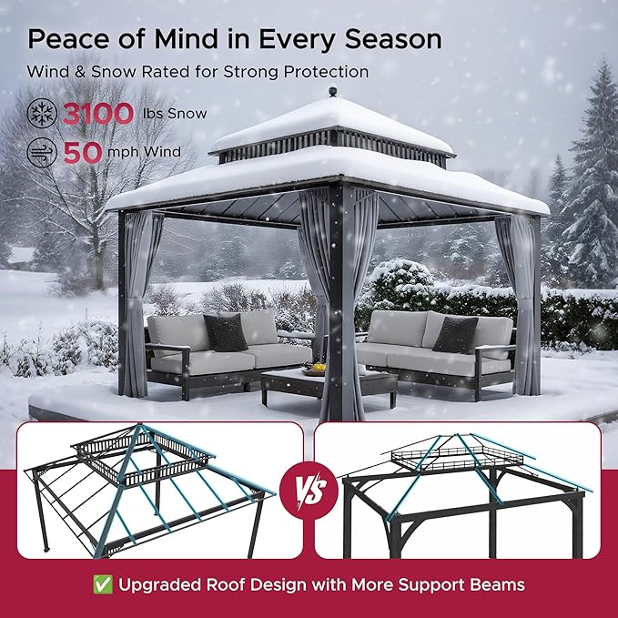 SUNJOY Kingston 12' x 12' Hardtop Gazebo with Galvanized Steel Double Roof, Curtain and Netting, Gray Aluminum Posts Permanent Pavilion Gazebo for Garden, Patio, Deck, Lawn