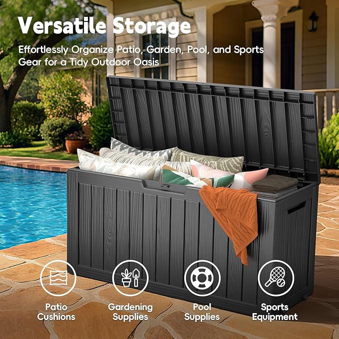Outdoor Storage Box, 72 Gallon Deck Box Waterproof, Resin Patio Storage Bin for Package Delivery, Patio Furniture Cushion, Garden Tools, Pool Accessories, Weatherproof, Black