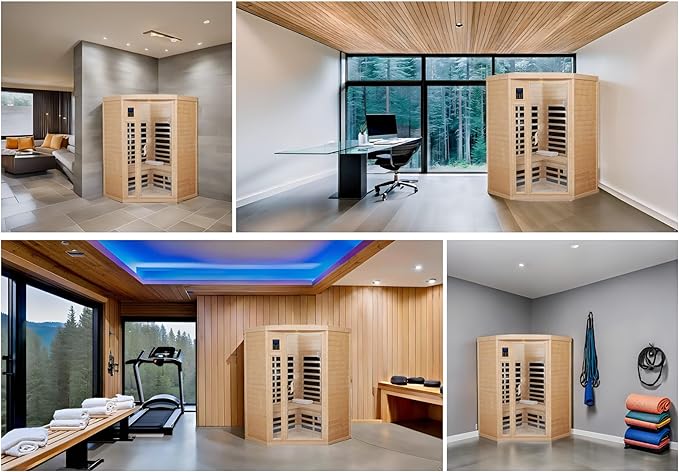 Far Infrared Sauna Low EMF Wooden Saunas for Home, 2-3 Person Indoor Home Saunabox, 1600watt Canadian Hemlock Sauna Room with Bluetooth, LCD, 10 Minutes Pre-Warm up