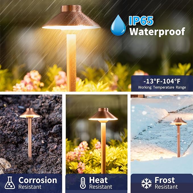 Gardenreet Brass Path Lights Copper, Low Voltage LED Landscape Pathway Lights, 12V Outdoor Waterproof Landscape Lighting(Hat) for Walkway Driveway Garden Yard Without G4 Bulb