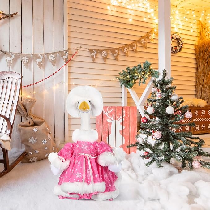 Suzile Pink Christmas Goose Outfit Dresses Clothes for 23" High Cement or Plastic Porch Goose Costume for Yard Lawn Outdoor Garden Patio Statue Xmas Santa Holiday Decor