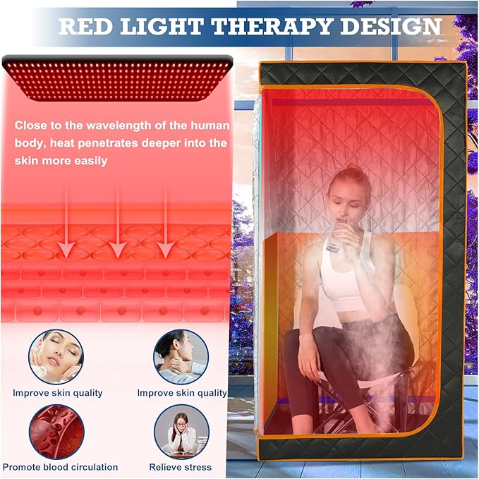 Smartmak Portable Infrared Sauna,1 Person Infrared Sauna Box with 660nm Red Light Therapy, Full Size Sauna Tent for Home, Foot Heating Pad, Folding Chair (Orange-1Person)