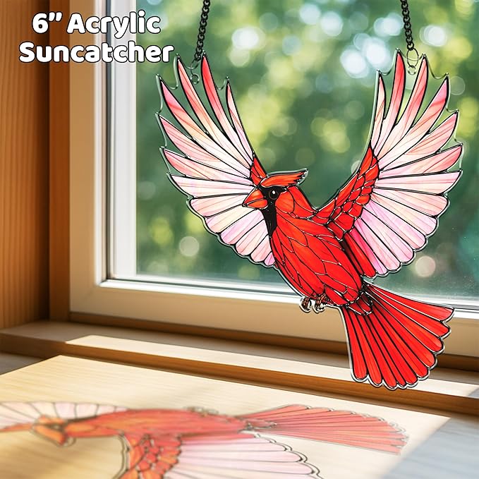 2 Cardinal Hummingbird Acrylic Suncatchers, Bird Window Hanging Ornaments, Fall Decorations for Home, Gifts for Bird Lovers, Women, Friends, Memorial Keepsake SS351
