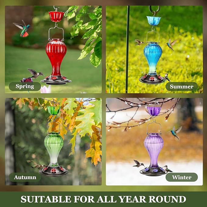 Kingsyard 2 Pack Glass Hummingbird Feeder 24 Ounces, 6 Feeding Ports, Hanging Bird Nectar Feeder for Outdoors Garden Yard Décor, Ant Moat Included, Purple