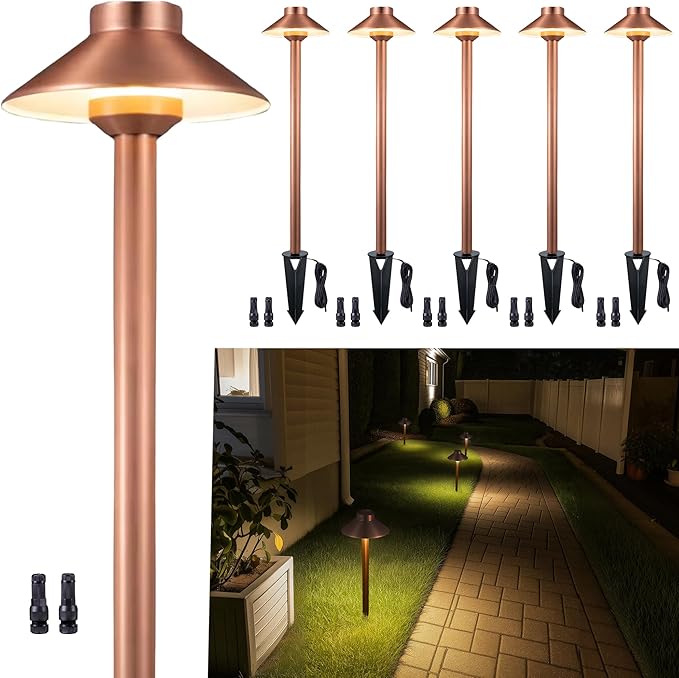 Gardenreet Brass Low Voltage Path Lights(Hat) Outdoor Waterproof IP65, 12v LED Copper Landscape Lights Wired Fixture for Walkway Driveway Garden Yard Without G4 Bulb(6 Pack)