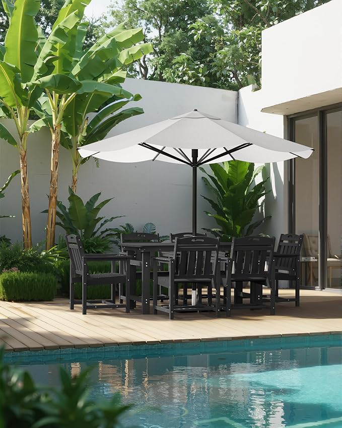 HDPE Outdoor Patio Dining Set with Table & 6 Chairs, All-Weather 7-Piece Outdoor Table and Chairs, 2" Umbrella Hole, Patio Furniture for Garden, Backyard, Deck | Matte Black
