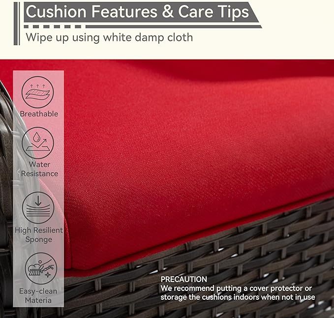 Swivel Patio Chair Outdoors - 360 Degree, Glider Chair with 3.5" Olefin Fabric Cushions (Mixed Grey Rattan/Red)