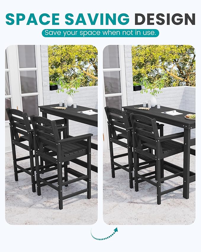 SERWALL Outdoor Bar Table and Chairs Set, Adirondack Bar Chairs Set of 2 and Bar Height Table, All Weather HDPE Outdoor Patio Bar Set, Outdoor Furniture for Outside, Poolside, Backyard, Garden, Black