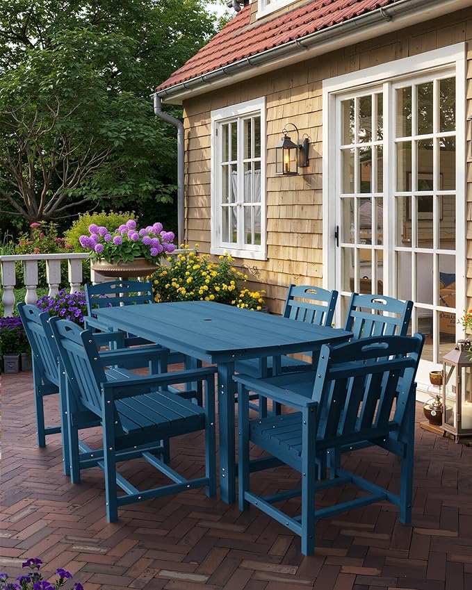 HDPE Outdoor Patio Dining Set with Table & 6 Chairs, All-Weather 7-Piece Outdoor Table and Chairs, 2" Umbrella Hole, Patio Furniture for Garden, Backyard, Deck | Navy Blue