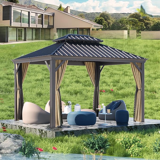 Gazebo 10' x 12' with Mosquito Net and Privacy Sidewalls, Patio Aluminum Permanent Gazebo, All Weatherproof Outdoor Hardtop Metal Gazebos，for Patio, Garden, Parties, Backyard,Lawn.