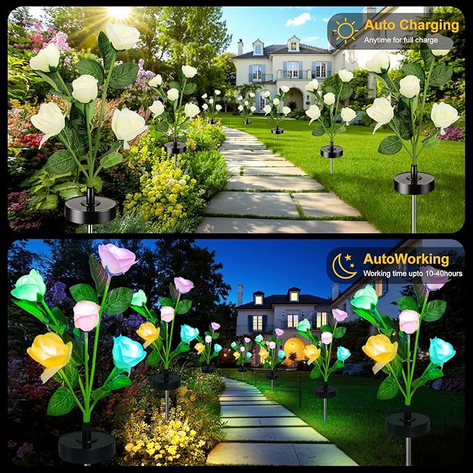 Solar Flowers Lights - Upgraded Outdoor White Rose Flowers Lights, 7-Color Changing & Waterproof Outdoor Solar Lights for Garden, Patio, Backyard,Party and Office (White Rose, 4)