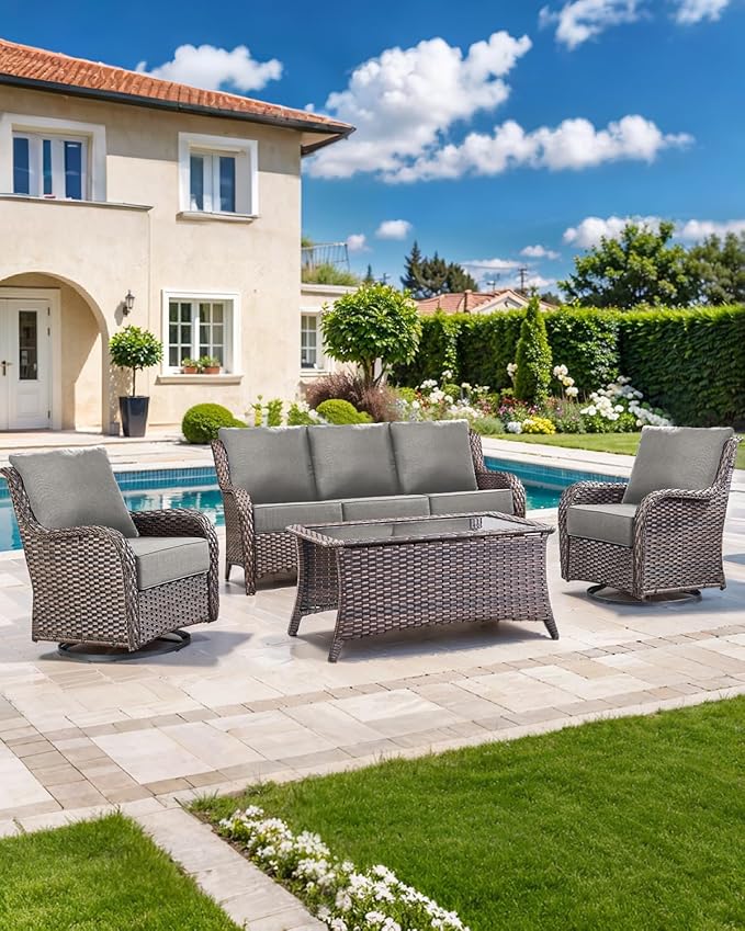 Luxury 22x24/22x25 6-Inch Patio Chair Cushions Set of 3 - Memory Foam Deep Seat Water-Resistant Patio Cushion for Lawn Dining Rocking Swivel Chairs Loveseat 3-Seater Sectional Sofa - Grey