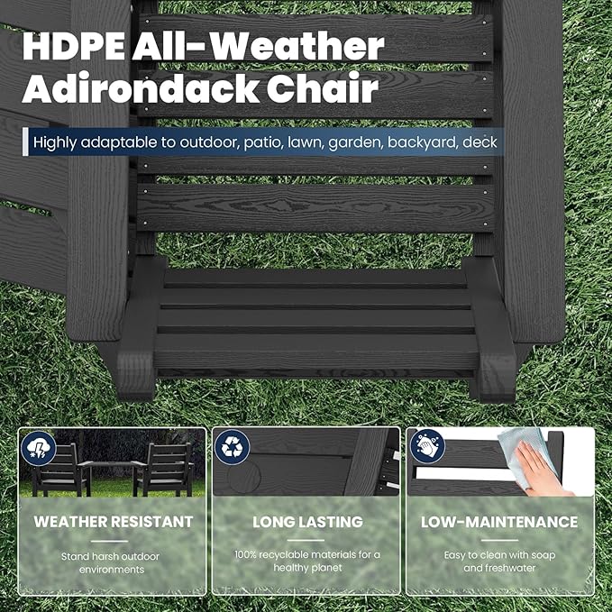 Tall Adirondack Chairs Set of 2, All Weather HDPE Poly Bar Height Balcony Adirondack Chair with Removable Double Connecting Trays, Outdoor Adirondack Barstools for Deck, Patio, Yard, Pool, Lawn