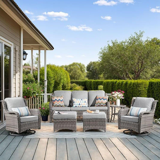 HOOOWOOO Patio Furniture Set,6 Piece Outdoor Furniture Set with Swivel Chairs,Wicker Patio Conversation Couch Chairs Ottoman Set,Light Gray
