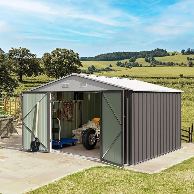 Furniwell Outdoor Storage Shed, Metal Garden Sheds Outdoor Storage House with Single Lockable Door for Backyard Patio Lawn (Gray, 10 x 10 FT)