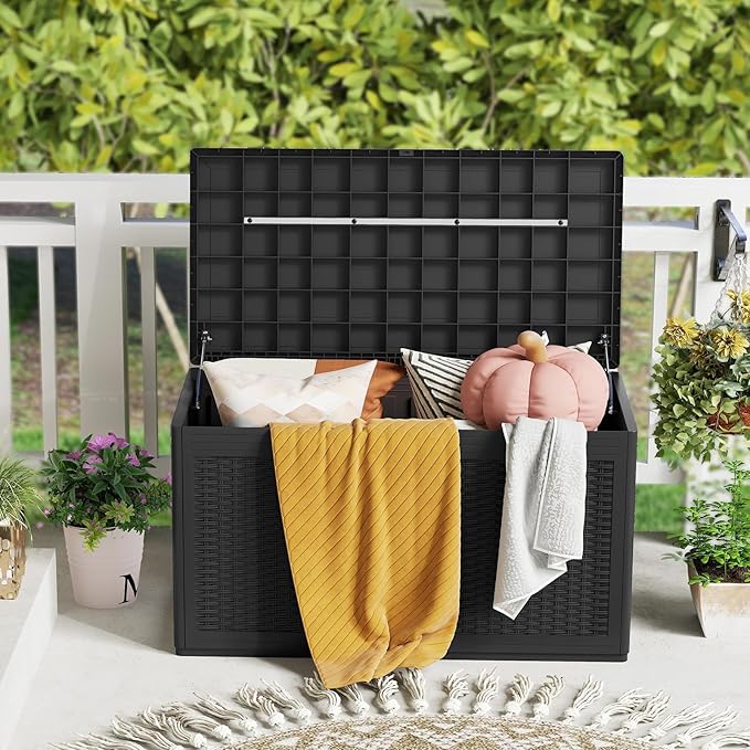 HAPPYGRILL 100 Gallon Resin Deck Box Outdoor Waterproof Storage with Lockable Lid, Rattan Texture Storage Container with Wheels for Pool Accessories, Garden Tool, Patio Furniture Cushion (Black)