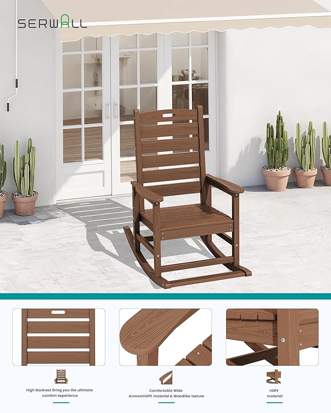 SERWALL Outdoor Rocking Chair Set of 2, Oversized Rocking Chair with Footboard for Adults, HDPE All Weather Resistant Rocking Chairs for Patio, 350lbs Weight Capacity, Brown