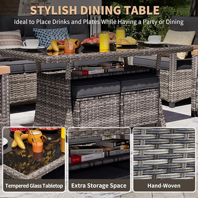 MEISSALIVVE 7 Pieces Patio Furniture Sets, PE Wicker Outdoor Conversation Sets with 2 Wood Armrests Swivel Rocker Chairs, 2 Ottomans, 3-seat Sofa and Dining Table (Grey)