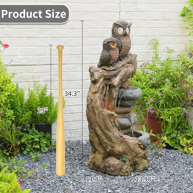 34.3''H Outdoor Water Fountain Owl Tree Stump, 4 - Tier Cascading Waterfall Garden Fountains with LED Lights & Pump Water Feature Resin for Patio, Deck, Yard, Home Decor