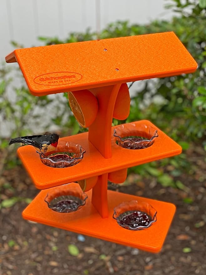 DutchCrafters Plastic Poly Double Platform Hanging Oriole Bird Feeder with Fruit Slice Holders & Nectar Cups, Jelly Bird Feeders for Outside - Amish Made in USA (Double, Bright Orange)