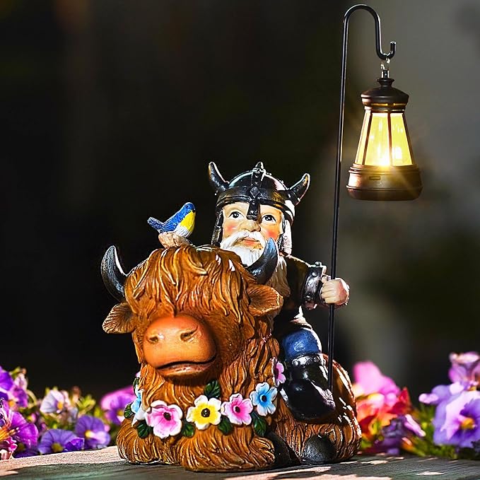 Garden Gnome Outdoor Statue 12 Inch Highland Cow Gnomes Decorations for Yard Patio Lawn Porch Birthday for Women, Mother’s Day, Housewarming with Solar Light Funny Decor for Outside