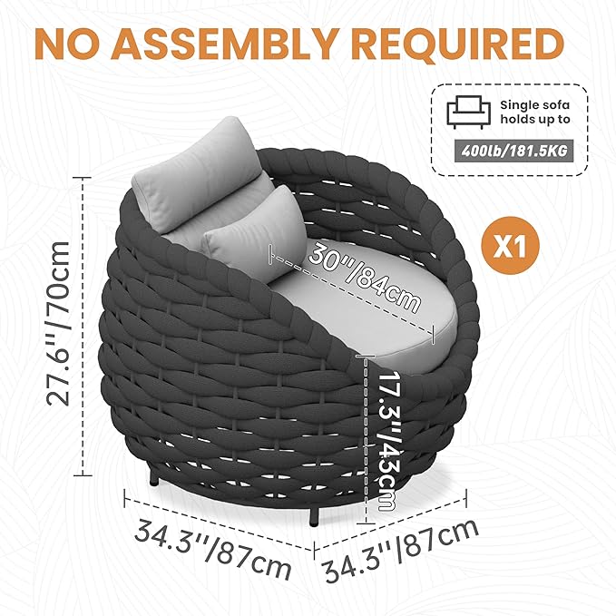 Patio Rope Armchair: Aluminum Woven Accent Chair - Cushioned Lounge Chair with Arms - Modern Garden Chair Assembled - All Weather Outdoor Seating Porch Furniture for 400lbs Deck Balcony Hotel