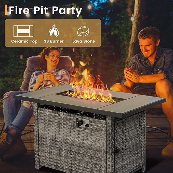 HOOOWOOO Patio Furniture Set,7 Piece Outdoor Furniture Set with Fire Pit Table,Wicker Patio Conversation Couch Swivel Chairs Ottoman Set,Light Gray