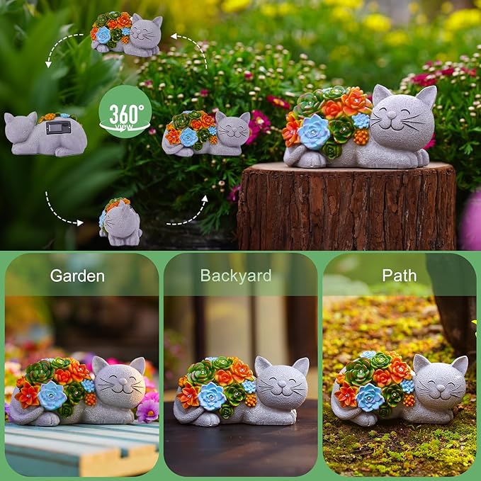 Solar Cat Garden Statue for Outdoor: Outside Sculpture Art Decor Yard Lawn Porch Backyard Ornament- Ideal Gifts for Mom Mother Women