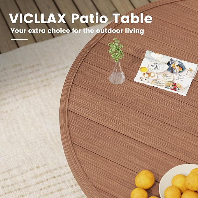 VICLLAX Outdoor Patio Round Dining Table, 50"x 50" Metal Slatted Round Tabletop with Adjustable Umbrella Hole for Deck Lawn Garden Backyard, Walnut