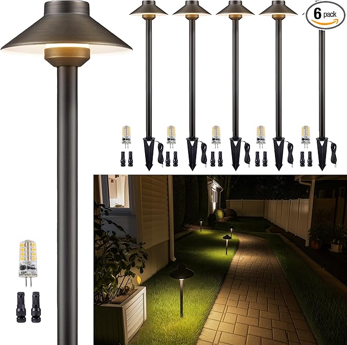 Gardenreet Low Voltage Landscape Lighting - Solid Brass Pathway Lights 12V, LED Path Lamp Waterproof, Hat Shaped Wired Bronze for Walkway Garden with 3W 270LM 4000K Neutral White G4 Bulb (6 Pack)