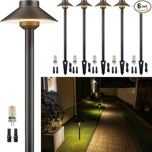 Gardenreet Low Voltage Landscape Lighting - Solid Brass Pathway Lights 12V, LED Path Lamp Waterproof, Hat Shaped Wired Bronze for Walkway Garden with 3W 270LM 4000K Neutral White G4 Bulb (6 Pack)