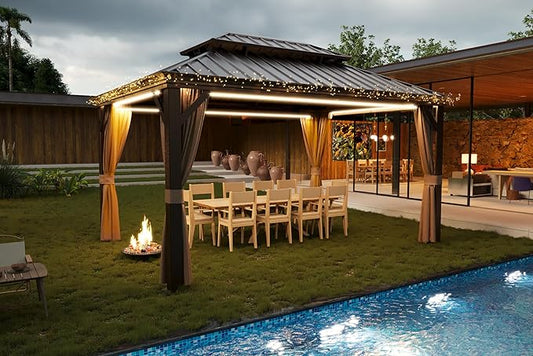 12' x 16' Outdoor Hardtop Gazebo Aluminum Frame with Double Metal Roof, Canopy Netting, Curtain, Patio Permanent Galvanized Steel Gazebo for Backyard, Garden, Party, Deck, Lawn