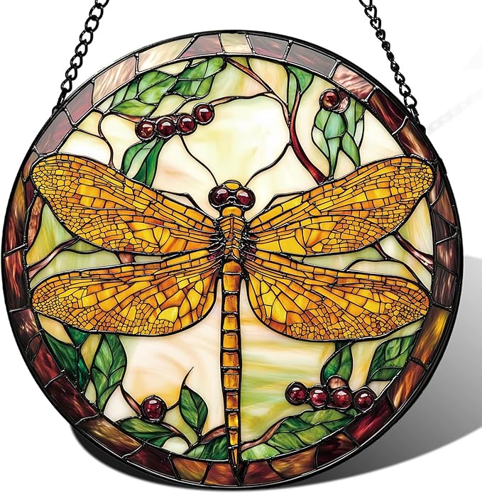 Dragonfly Plant Suncatcher -7.9 in Stained Glass Window Hanging Sun Catcher Garden Decor