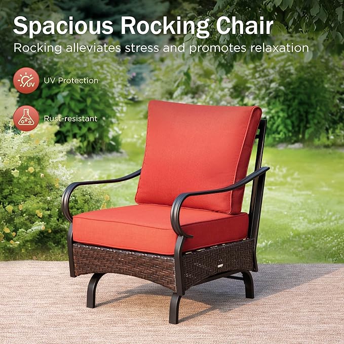 PHI VILLA Outdoor Modern Patio Furniture Set, Upgraded Wicker&Metal Patio Furniture Conversation Set with Waterproof Thick Cushions for Porch, Poolside, Deck, and Yard (4 Pieces,Red)