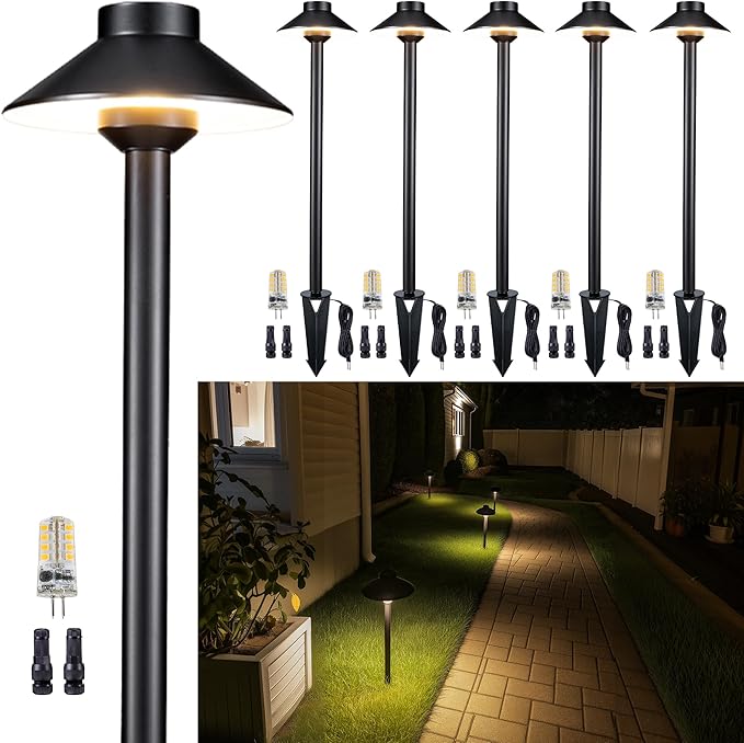 Gardenreet Solid Cast Brass Pathway Lights, 12v Landscape Path Light Outdoor Waterproof, Electric Walkway Lights Wired, Hat Shape Black Garden Area with 3W 270LM 5000K Daylight G4 Bulb (6 Pack)