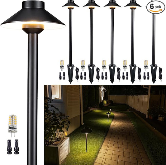 Gardenreet Brass Low Voltage Landscape Lighting - 12V LED Path Lights IP65 Waterproof, Hard-Wired Pathway Light Black for Outside Walkway Garden with 3W 2700K Warm White G4 Replaceable Bulb (6 Pack)
