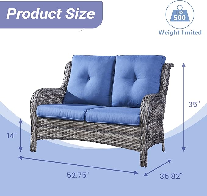 HUMMUH Outdoor Loveseat Sofa 2-Seat PE Rattan Patio Love Seat with Cushions,Deep Seat High Curved Back Armset Sectional Couch for Patio,Garden,Yard,Porch