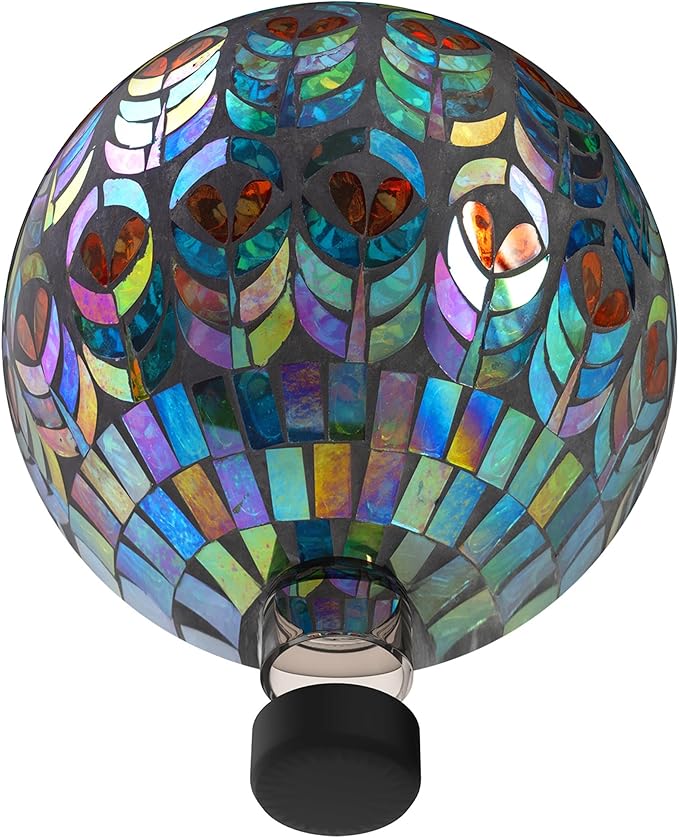 Alpine Corporation 10" Diameter Indoor/Outdoor Glass Mosaic Gazing Globe Yard Decoration, Peacock Feather Design