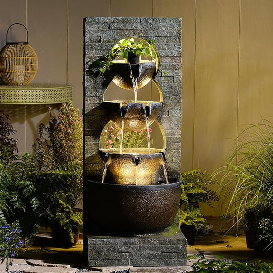 Water Fountain Outdoor Garden Waterfall Large Water Feature Tiered Freestanding Cascade Fountains Bowl Modern Artistry with LED Strip for Patio Yard Deck Home Decor, 43 inches, Brown