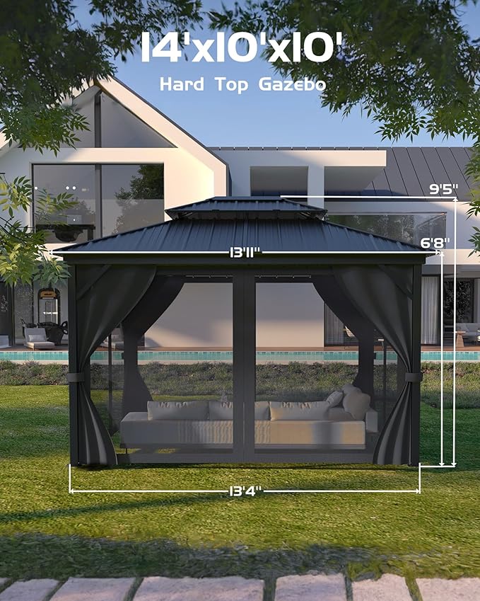 GAOMON Hardtop Gazebo 10'x14' for All Weather, with Double Metal Roof, Aluminum Alloy Frame, Net, and Curtain, Permanent Building of Backyard Luxury for Patio, Deck, Backyard, Lawn, and Garden, Gray