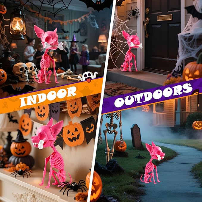 Quntis Halloween Skeleton Dog Decor - 15inch Pink Cute Puppy Bones - Realistic ABS Animal Skeleton for Outdoor Indoor Graveyard Party Display, 2025 Showstopper Halloween Decorations