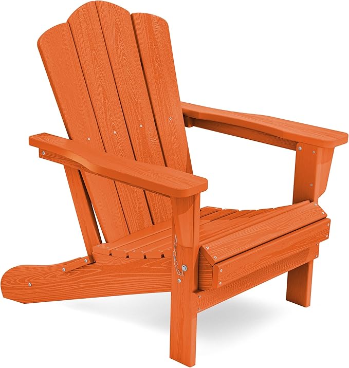KINGYES Folding Adirondack Chair, HDPE All-Weather Patio Chairs, Wooden Textured Lawn Chair for Poolside, Backyard, Deck, Fire Pit, Orange