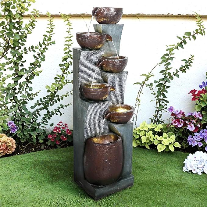53.5” Tall 6-Tier Outdoor Water Fountain with LED Lights – Relaxing Cascading Resin Jar Waterfall for Garden, Patio, Backyard & Indoor Home Décor