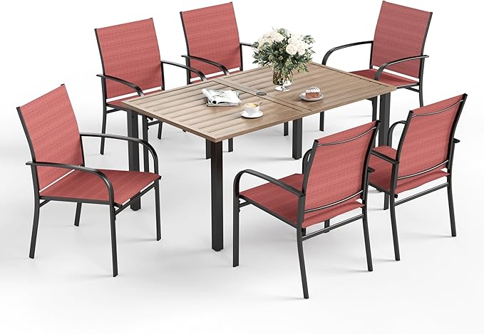Patio Dining Set for 6, Rectangular Wood-Like Metal Table with Umbrella Hole and 6 Dining Chairs, Outdoor Table and Chairs for Lawn Garden Backyard and Deck, Red