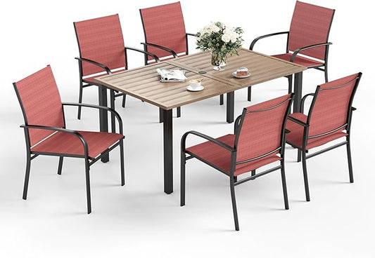 Patio Dining Set for 6, Rectangular Wood-Like Metal Table with Umbrella Hole and 6 Dining Chairs, Outdoor Table and Chairs for Lawn Garden Backyard and Deck, Red