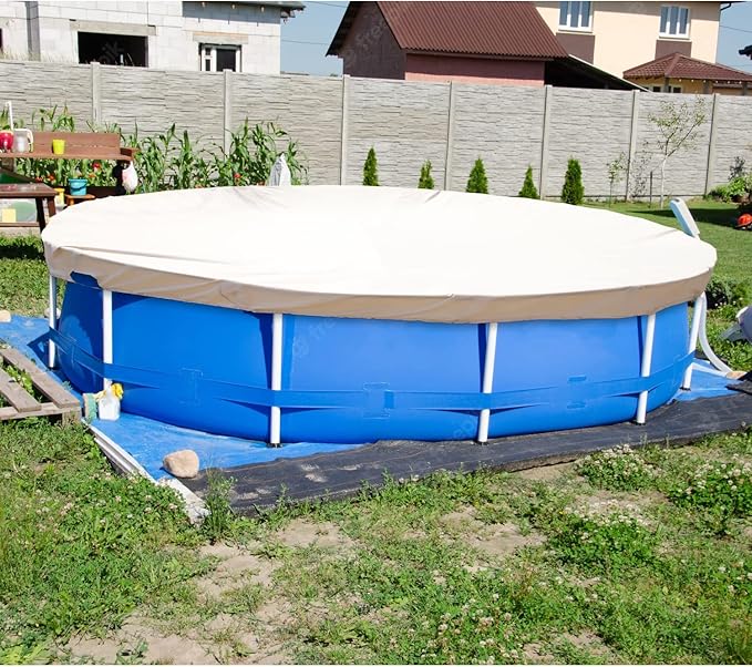 ECOOPTS 8 ft Waterproof Round Polyester Pool Cover for Above Ground Pools, Swimming Pool Cover Protector Winter Safety Cover (Beige)