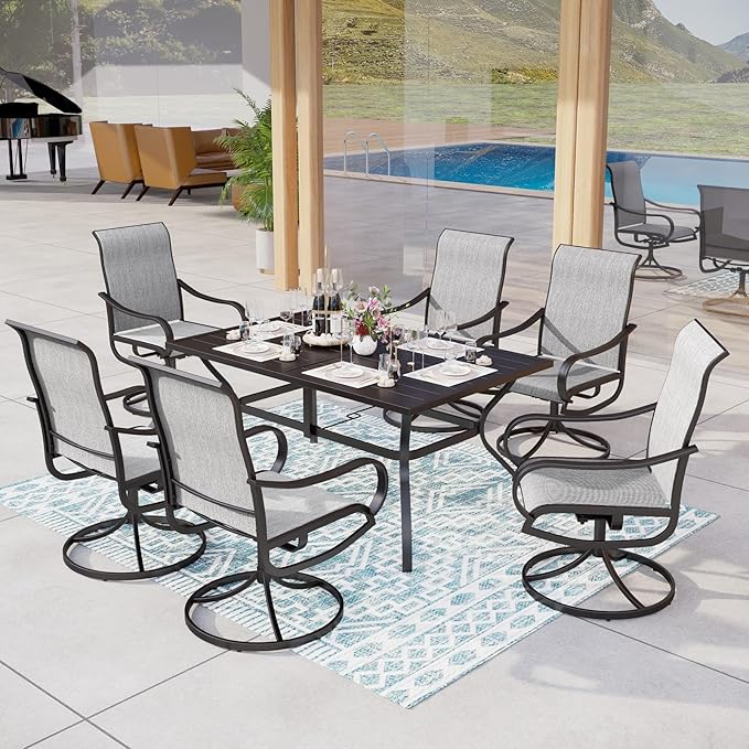 MFSTUDIO Outdoor Swivel Patio Dining Chairs Set of 6, High Back Breathable Textilene Patio Chairs for Balcony, Backyard, Deck, Garden (Light Grey Fabric, Black Frame)