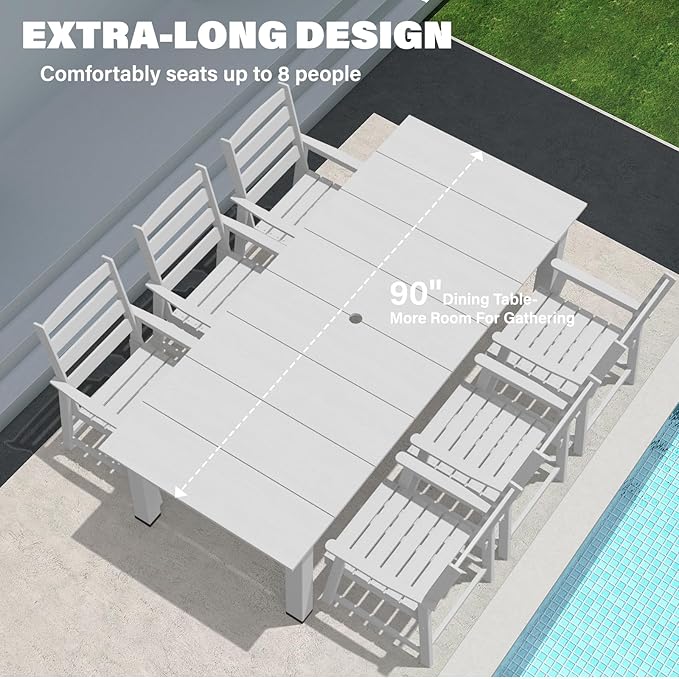 LOUNZY 9 Pieces Patio Dining Sets, 90'' Table Outdoor HDPE Furniture Set w/ 2" Hole Cut-Out Dining Table with 8 Patio Chairs for Lawn, Pool and Yard, White