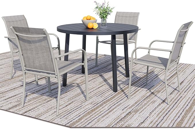 5 Pieces Round Dining Table Set for 4, Patio Dining Set Includes 4 Grey Stackable Patio Chairs and 1 Black Round Table, Patio Furniture Setss with Sling Support for Outside, Garden